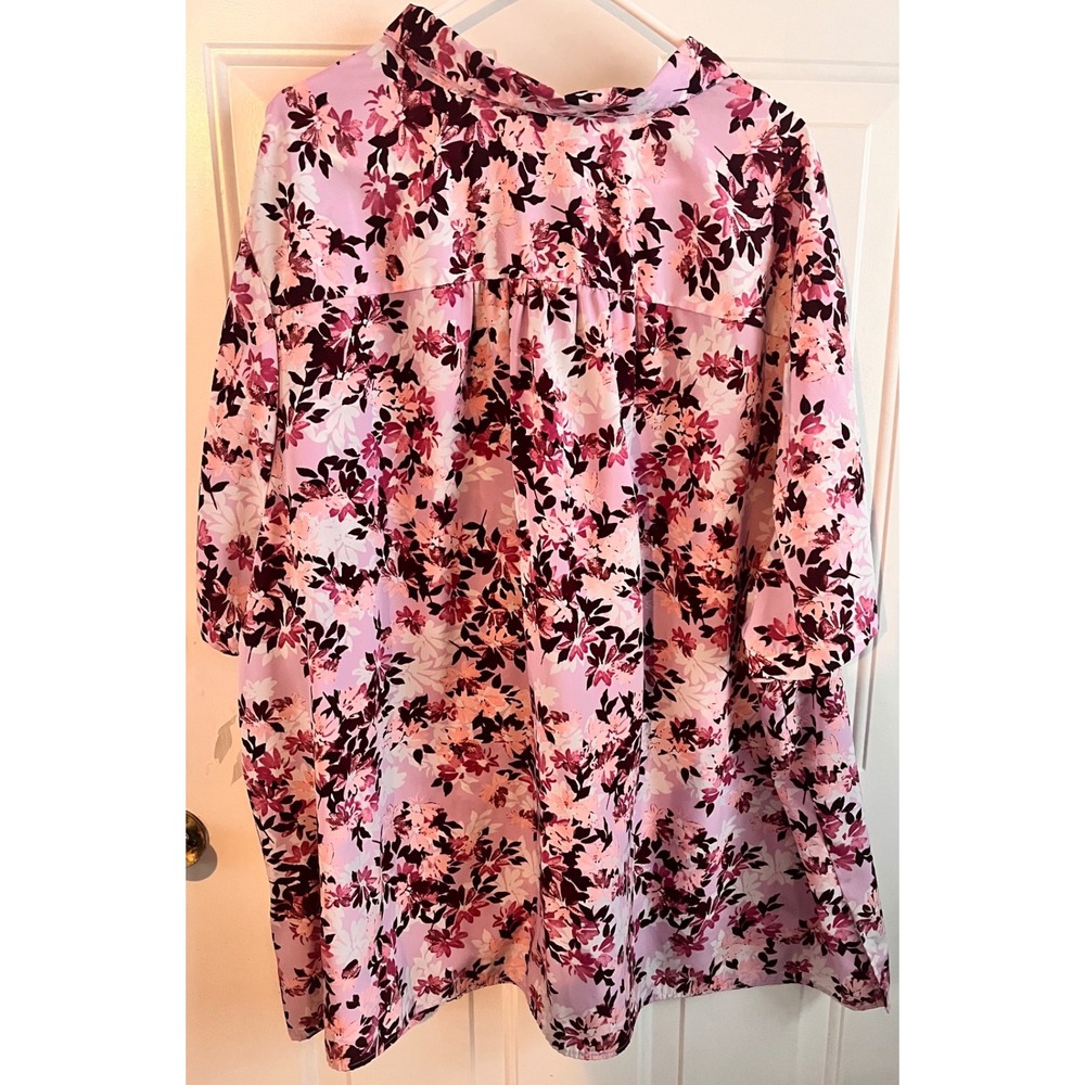 Only Necessities Womens 5X Floral Print Button Front Shirt Blouse Pink Burgundy‎